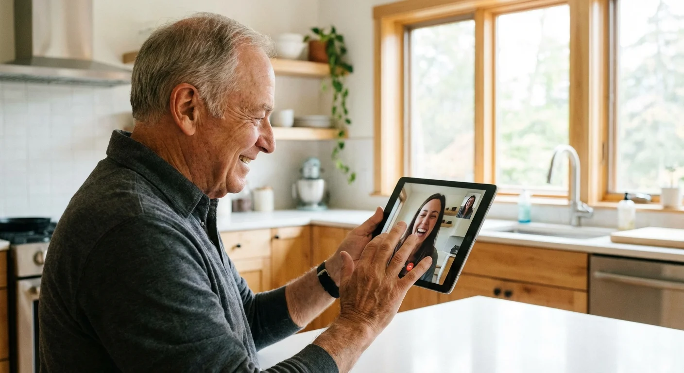 A senior man and his adult daughter smiling at each other during a video call.