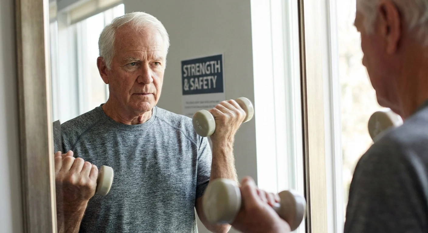 A senior man carefully checking his exercise form in a mirror.