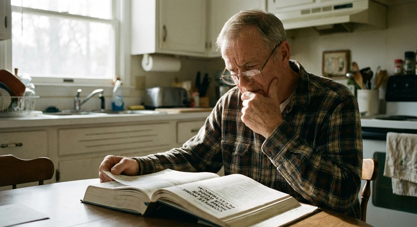 A senior man carefully reviewing a complex home improvement manual at a table.