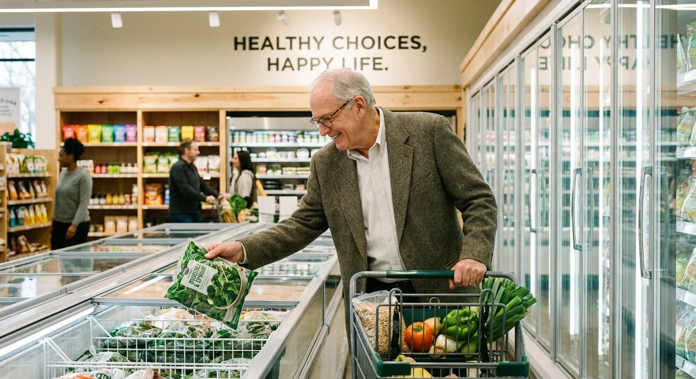 A senior man choosing frozen vegetables at the grocery store.