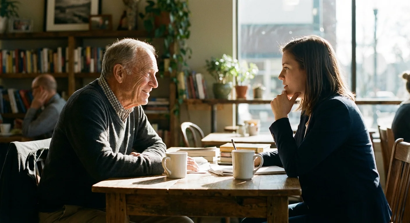 A senior man consulting with a professional advisor in a comfortable cafe setting.