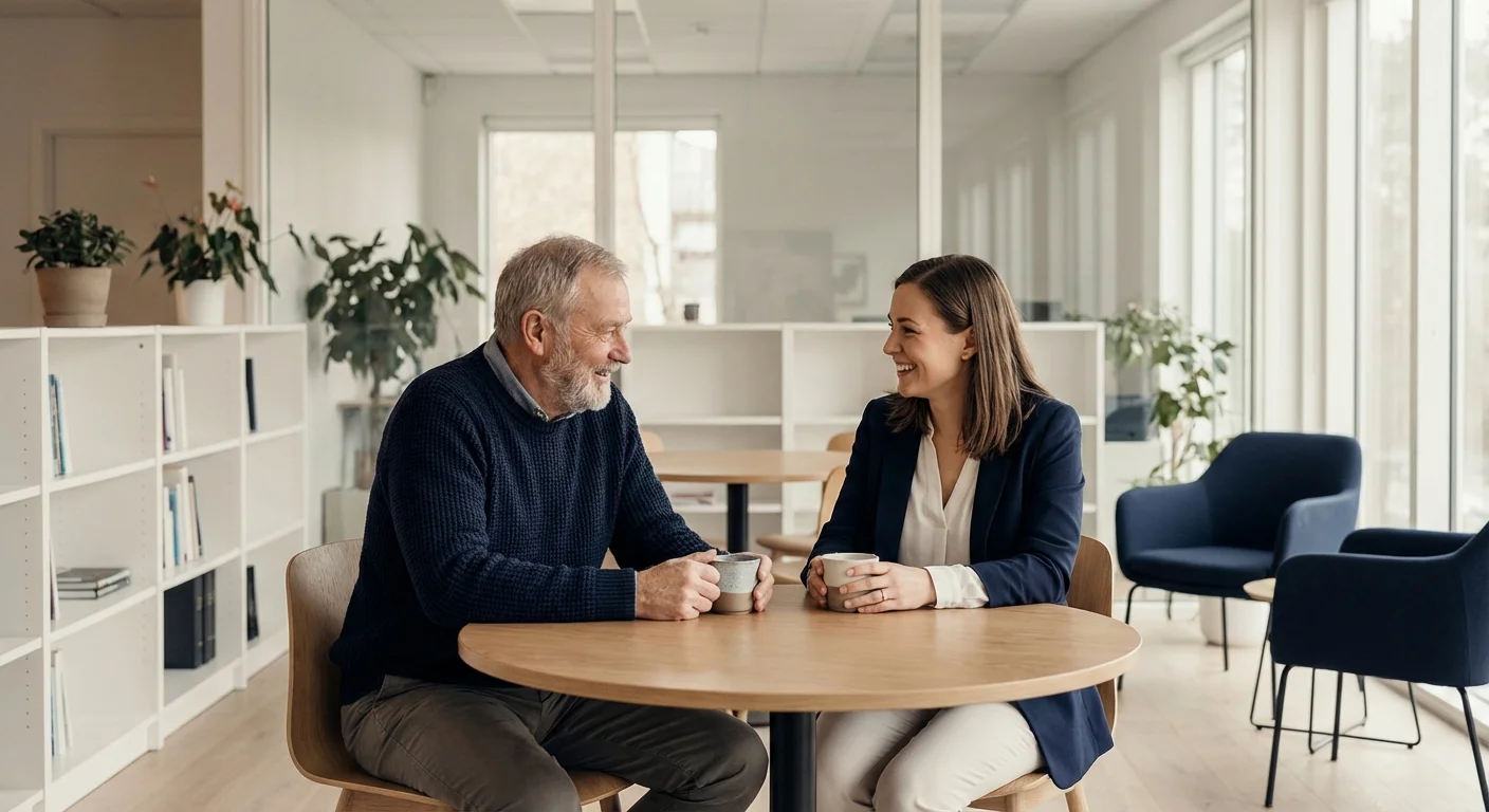 A senior man consulting with a professional in a bright, modern office setting.