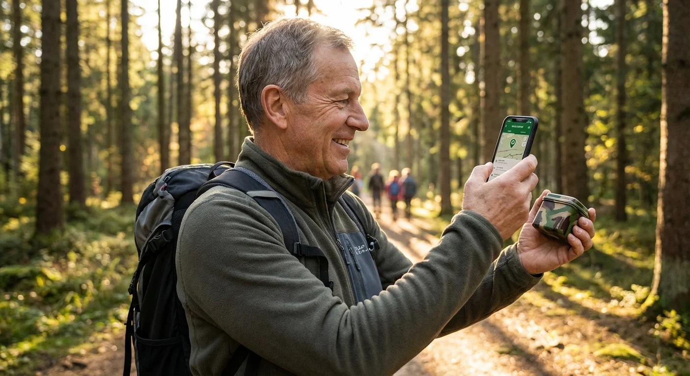 A senior man finding a geocache in the woods using his smartphone.