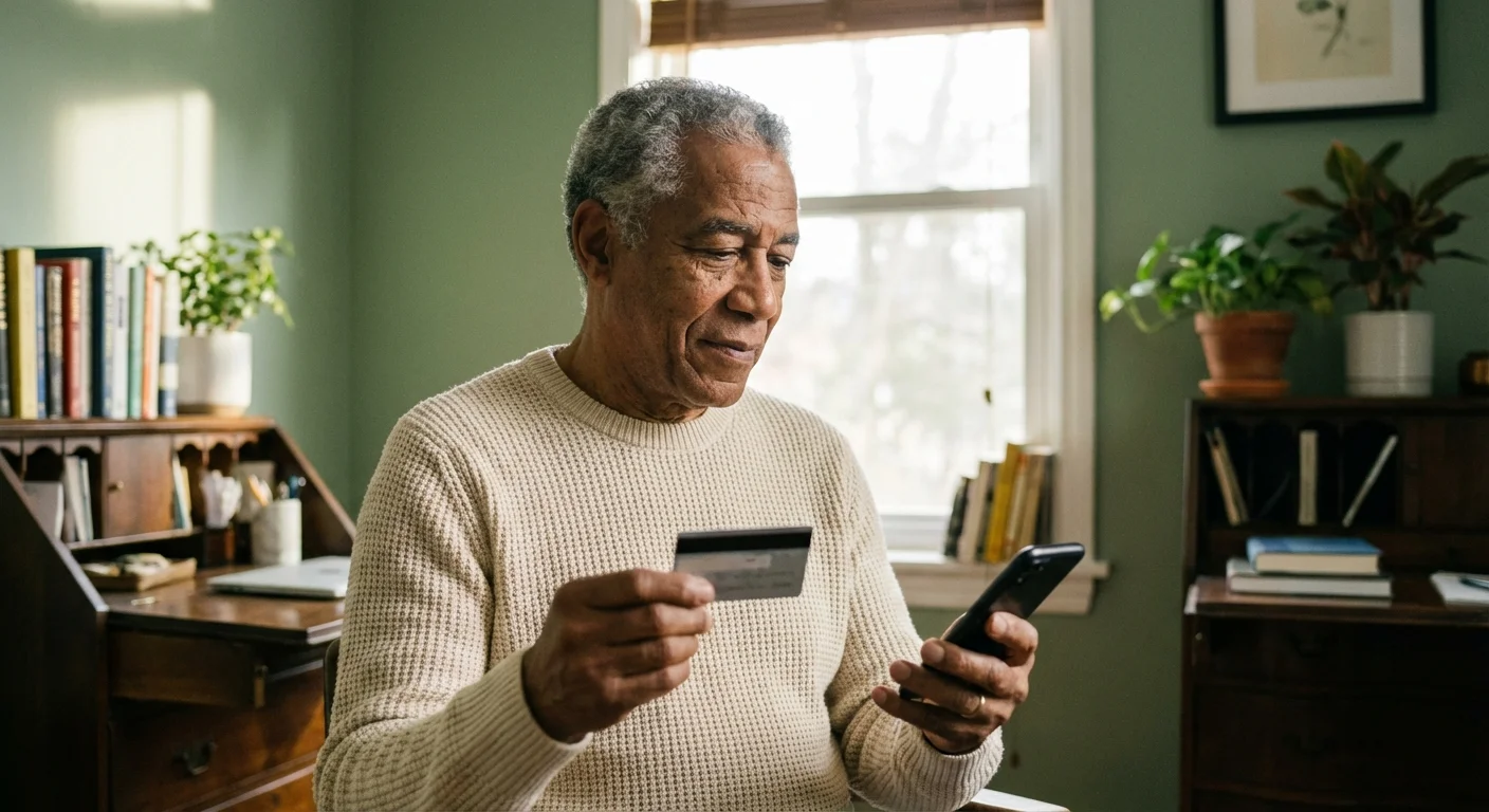 A senior man looking thoughtfully at his smartphone while holding a credit card.
