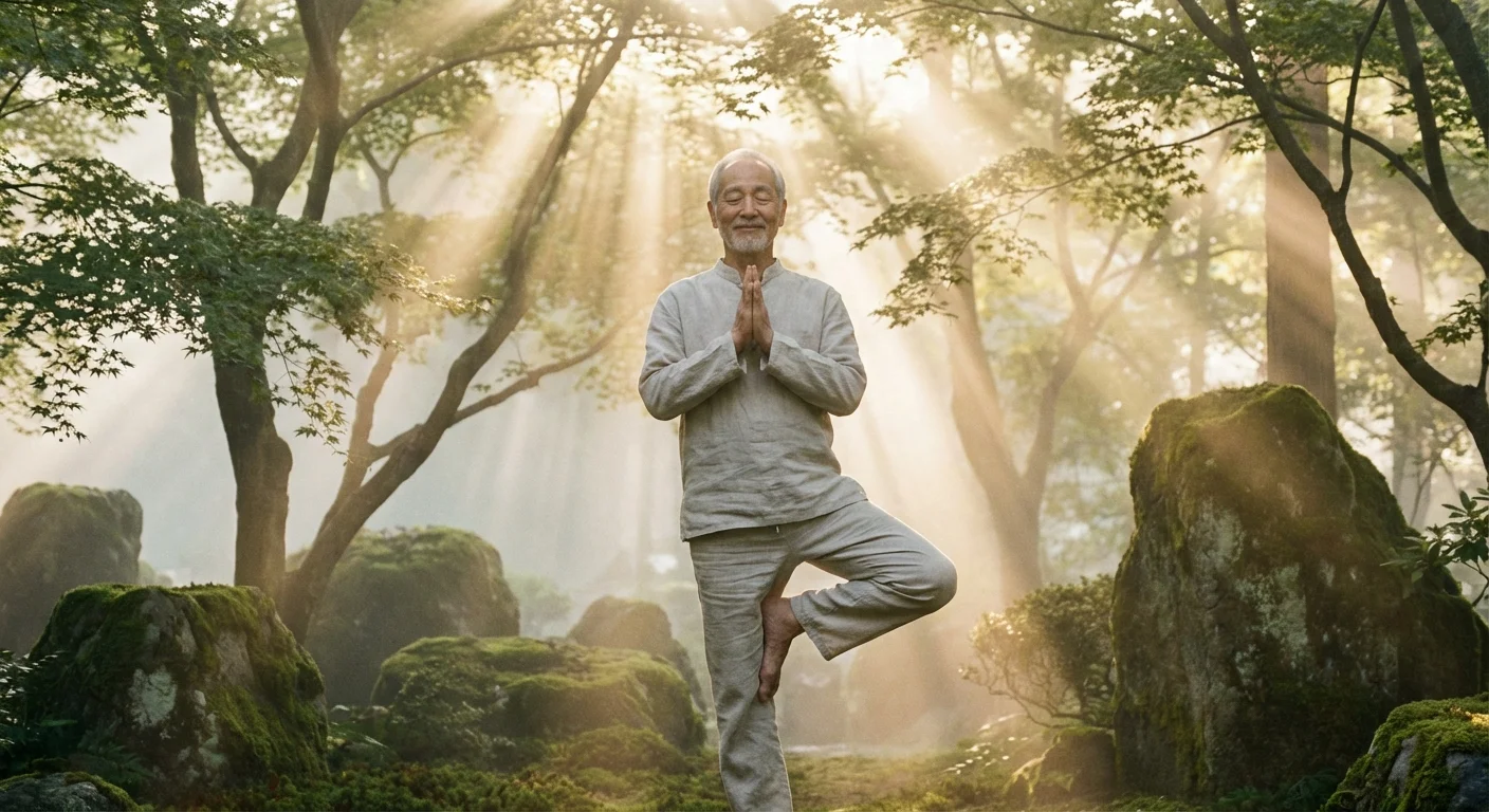 A senior man practicing balance and stability exercises in a quiet garden.