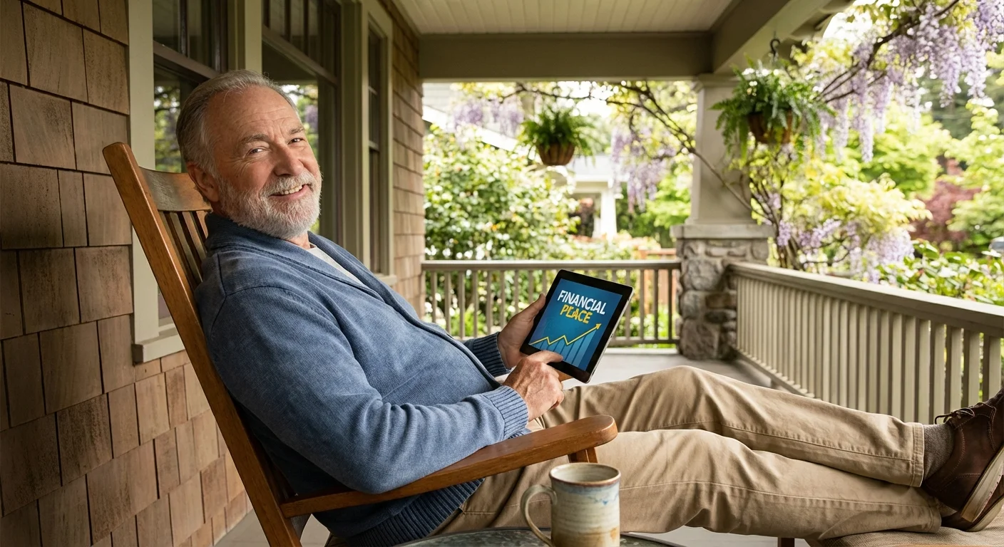A senior man relaxing on his porch while checking his finances on a tablet.
