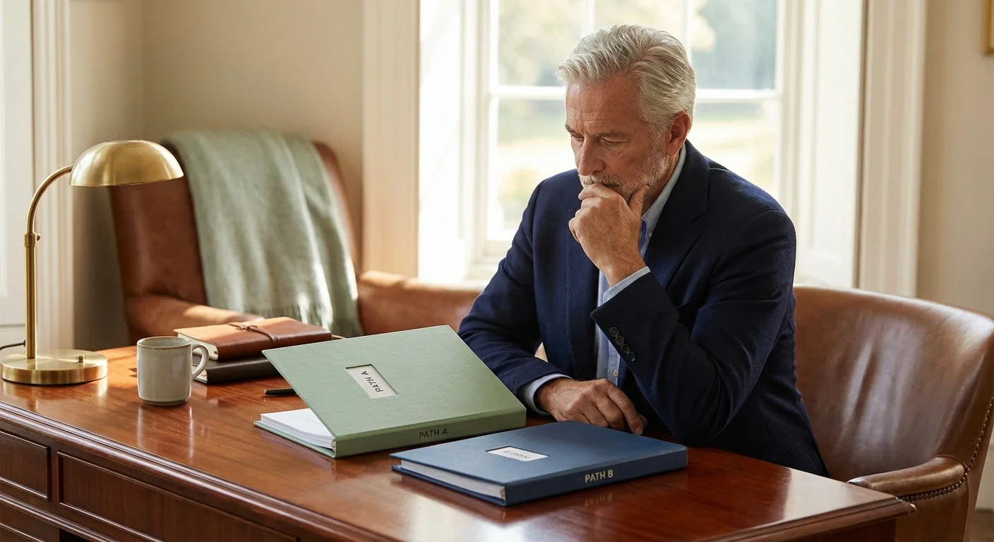 A senior man sitting at a desk with two organized folders, representing the choice between Medicare paths.