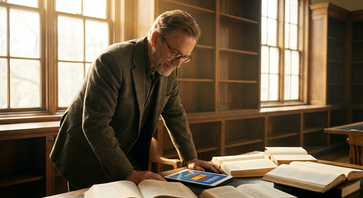 A senior man studying a new language in a sunlit library to boost neuroplasticity.