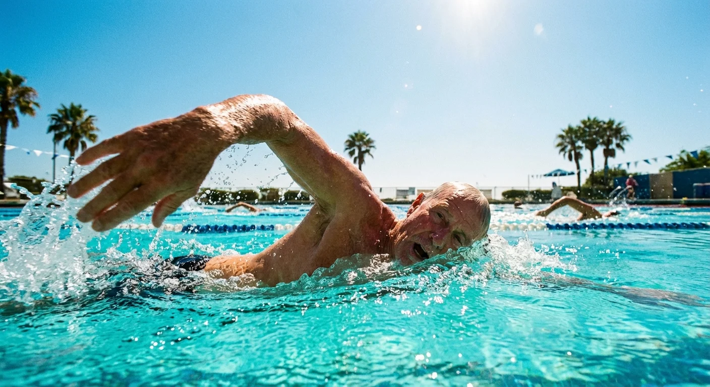 A senior man swimming laps in a clear, sunlit outdoor pool.