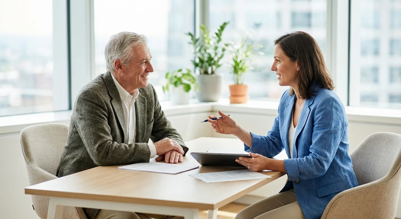 A senior man talking with a professional nutritionist in a bright office.