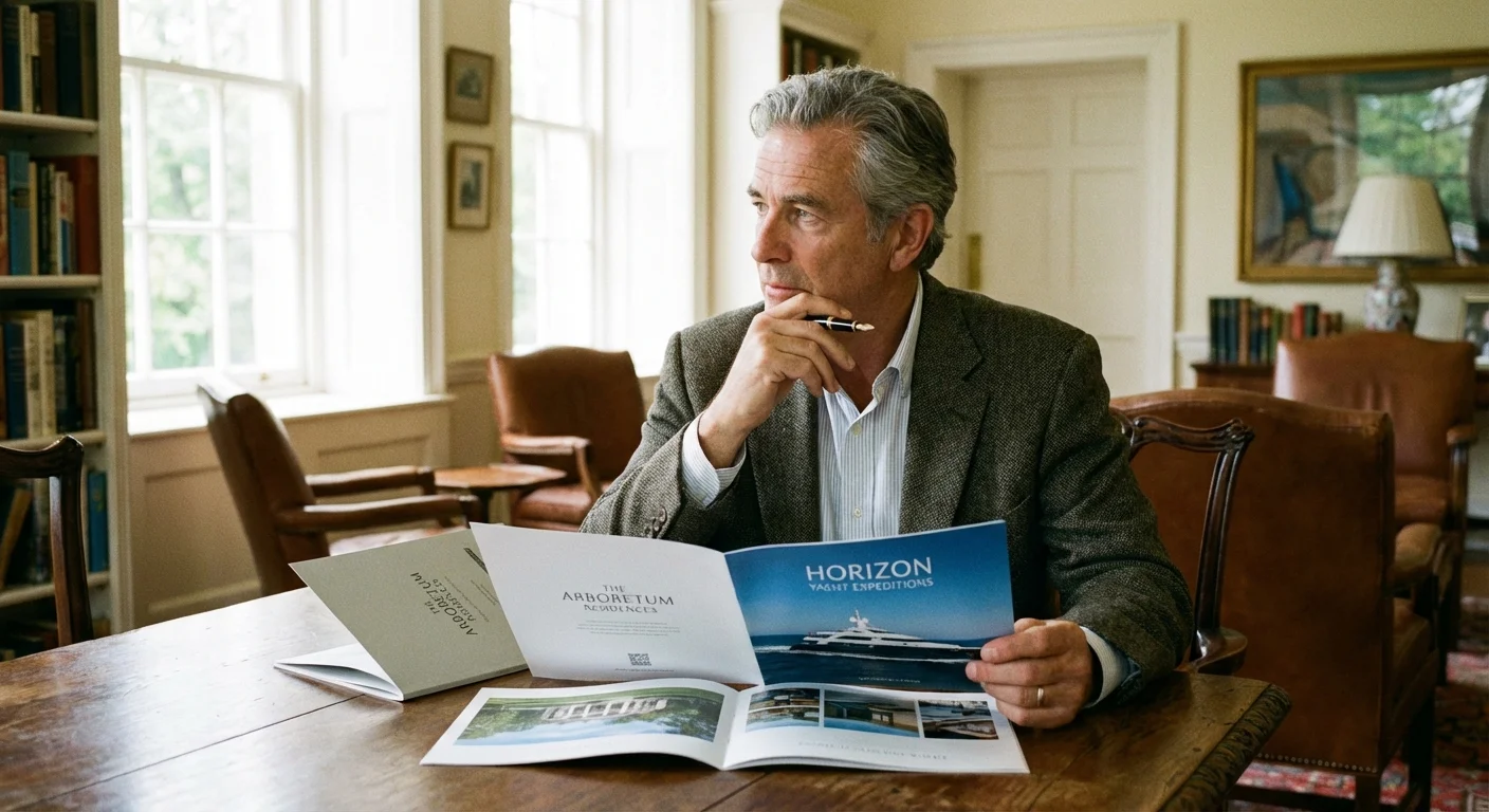 A senior man thoughtfully reviewing two different healthcare brochures at a table.