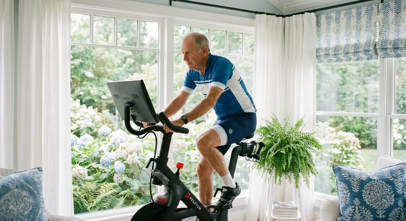 A senior man using a stationary bike in a sun-filled room overlooking a garden.