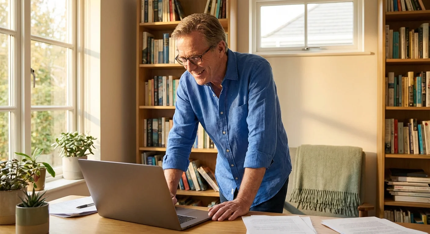 A senior man working in a bright home office, representing his years of earned credits.