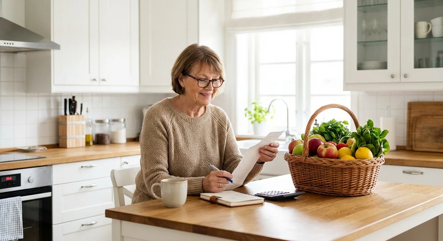 A senior person reviewing a grocery receipt in a clean kitchen.