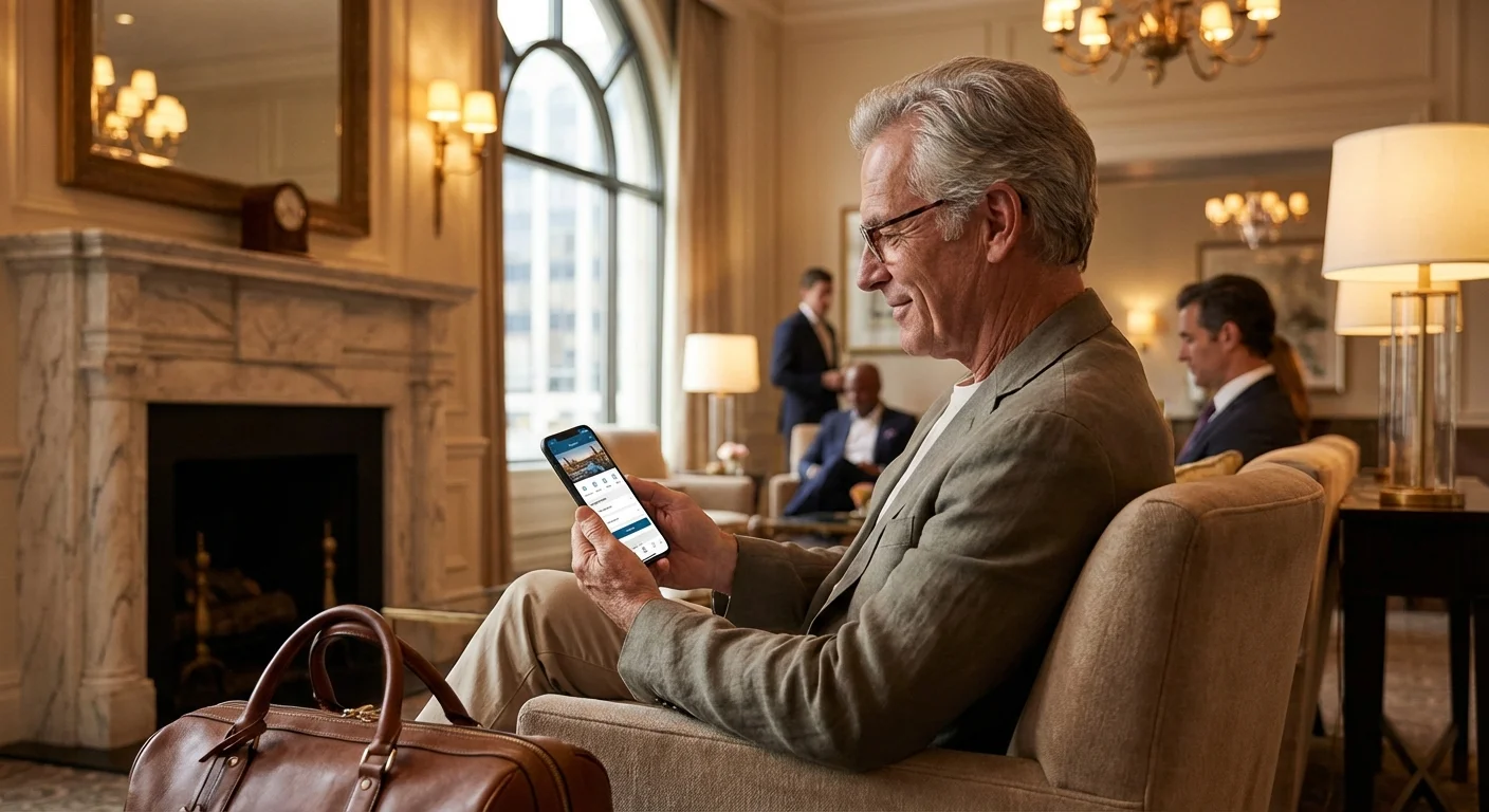 A senior traveler calmly checking their phone in a luxury hotel lobby.