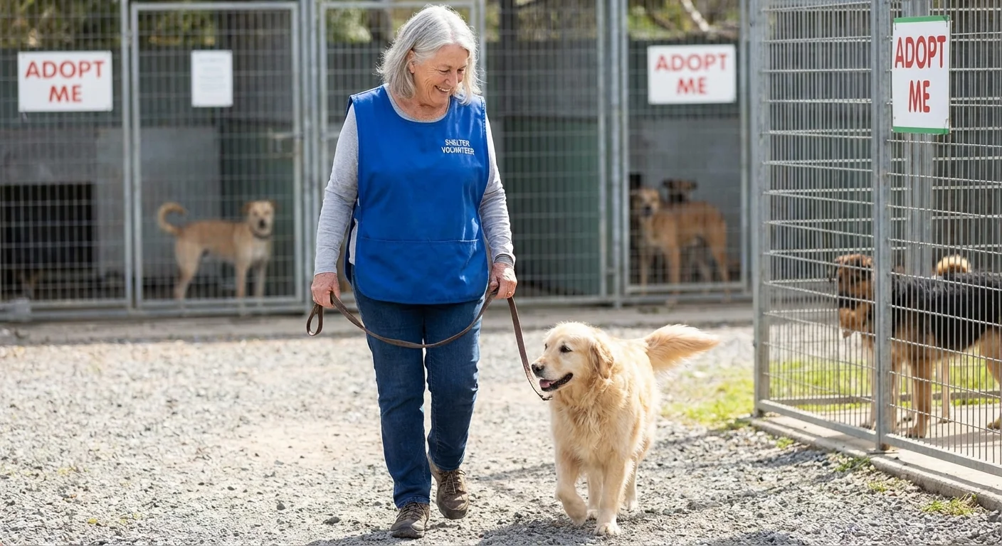 A senior volunteer happily walking a dog at an animal shelter.