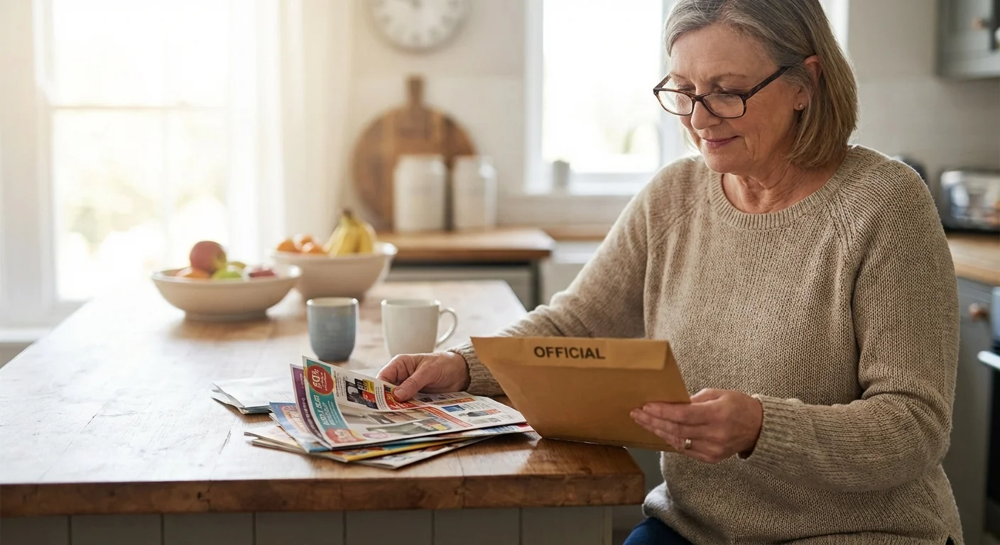 A senior woman calmly sorting through mail to find important Medicare documents.