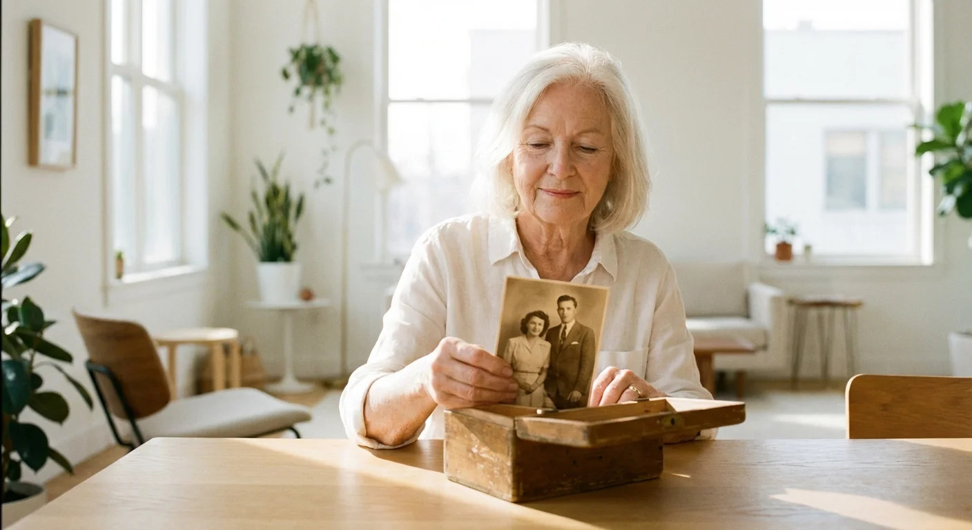 A senior woman carefully sorting through cherished memories while preparing to downsize her home.