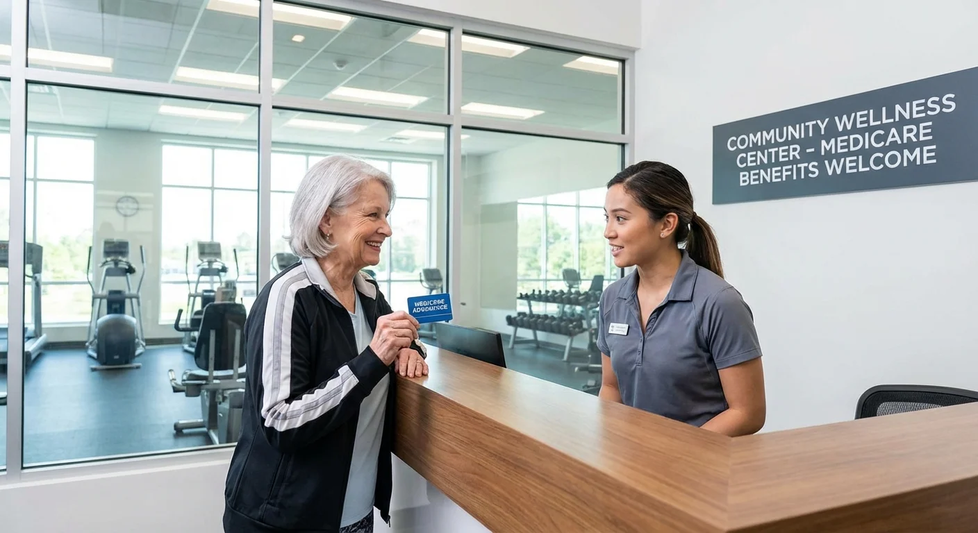 A senior woman checking in at a gym with her membership card.