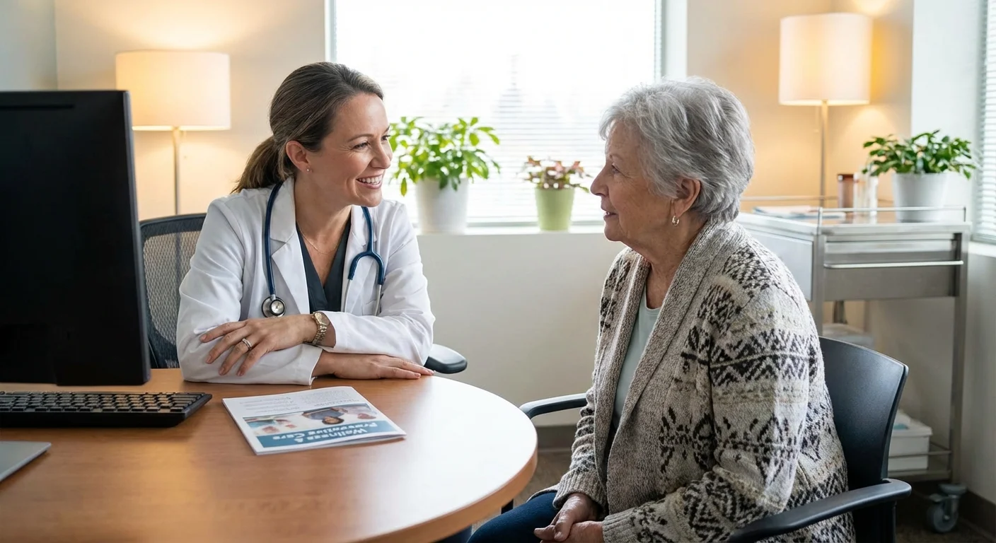 A senior woman consulting with her doctor in a bright, modern medical office.