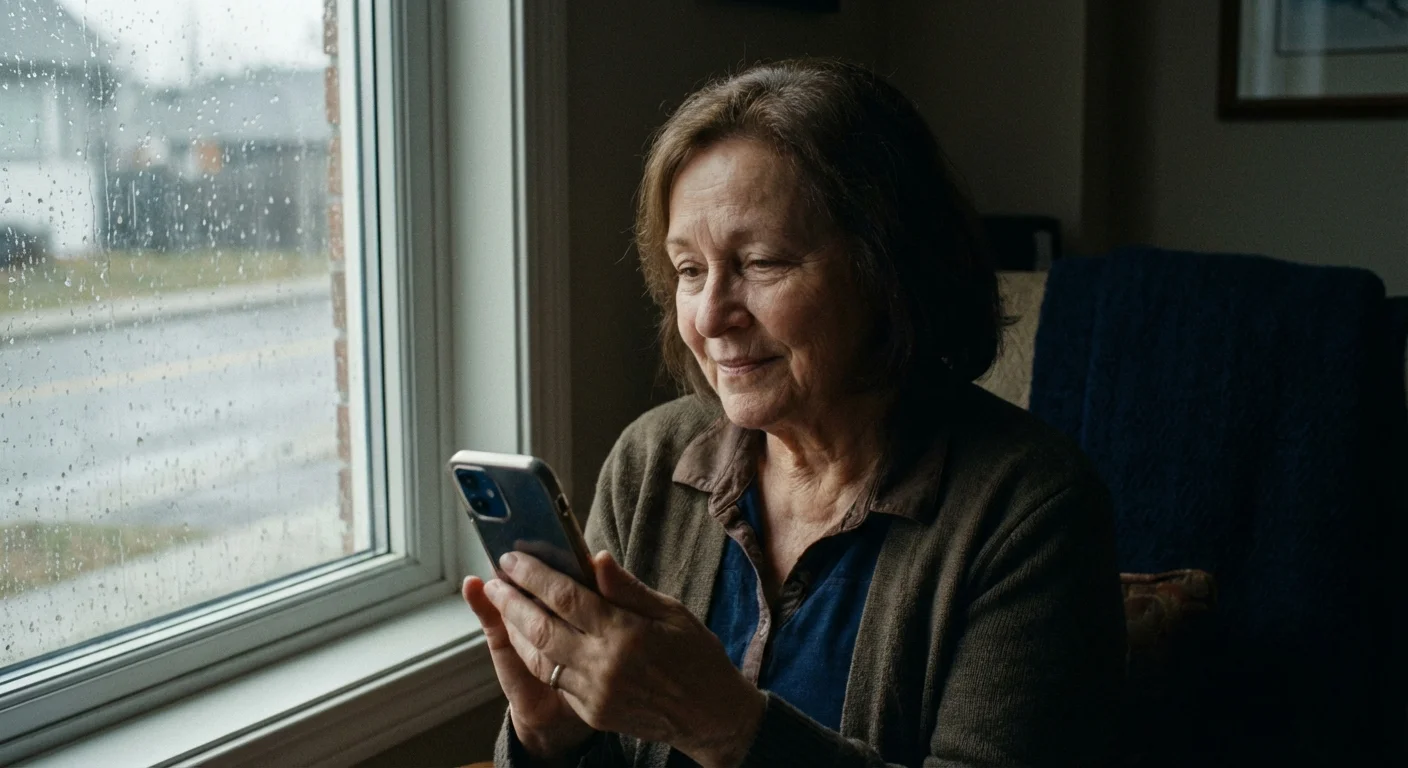 A senior woman looking thoughtfully at her phone while sitting by a window.