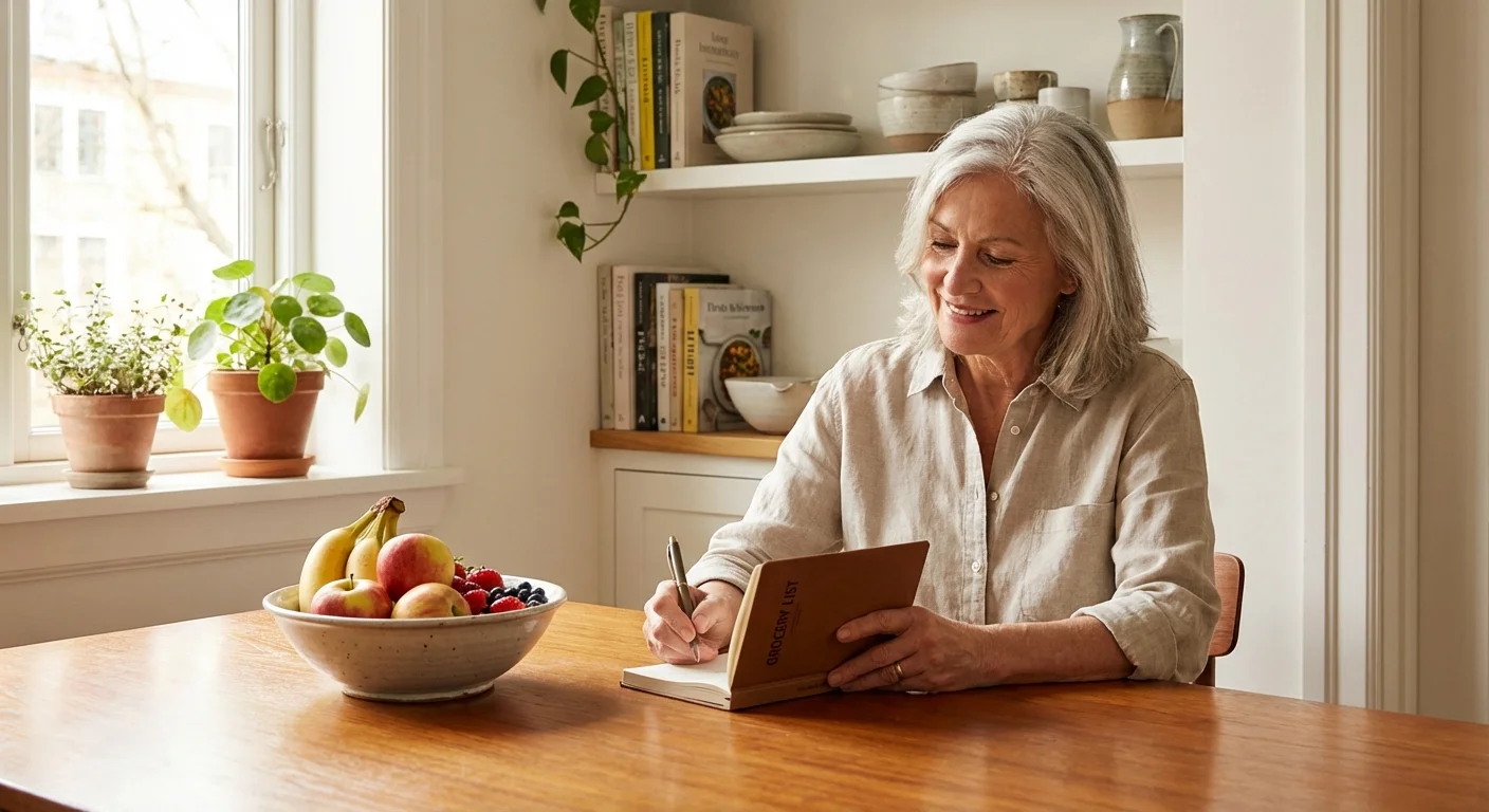 A senior woman organizing her weekly grocery list at a sunlit kitchen table.
