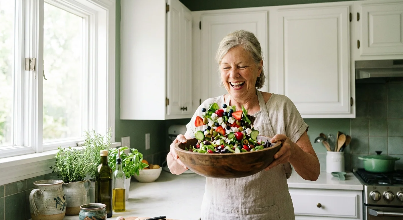 A senior woman preparing a healthy Mediterranean meal in a bright, modern kitchen.