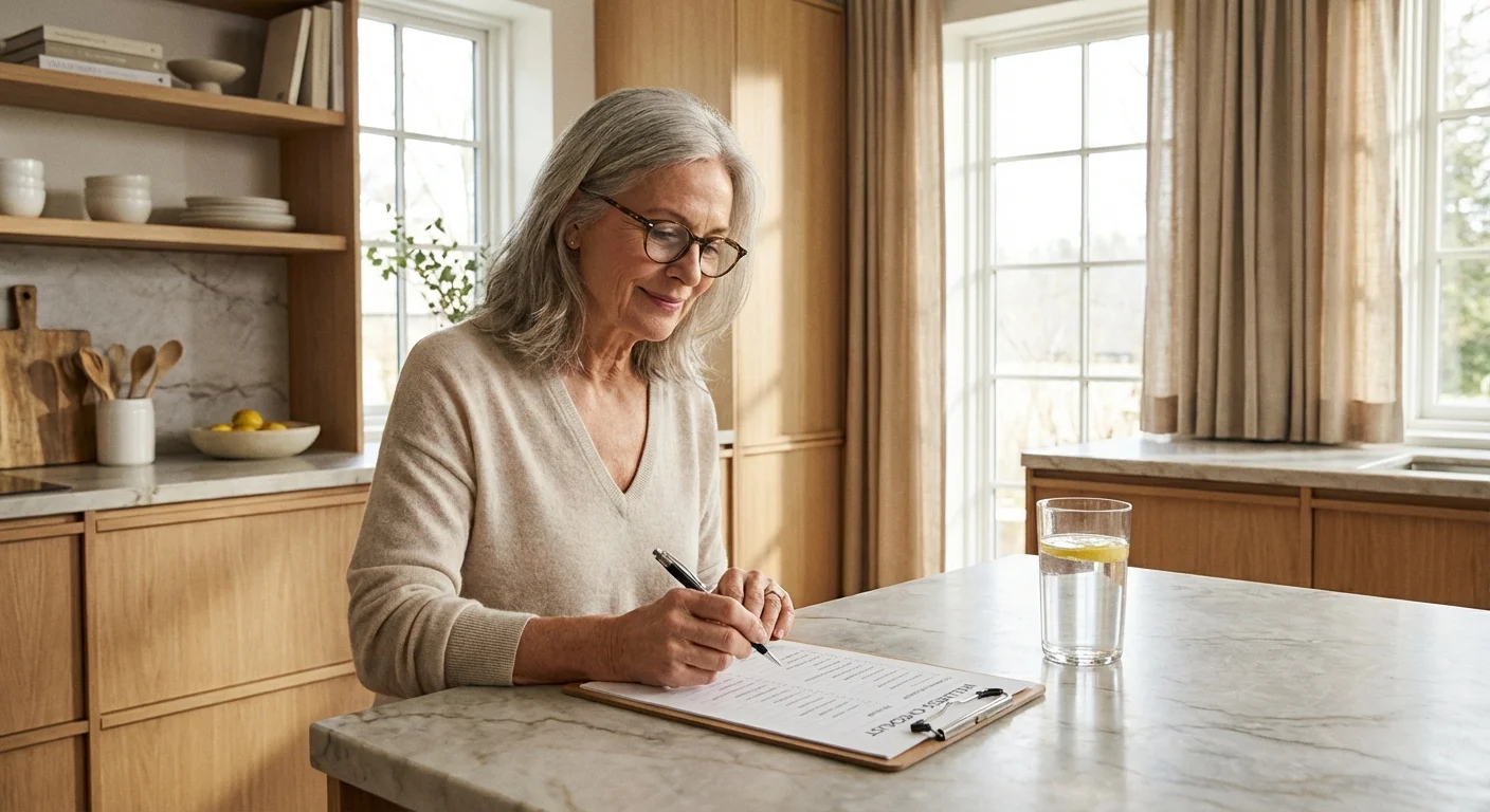 A senior woman reviewing a fitness plan in a bright, modern kitchen.