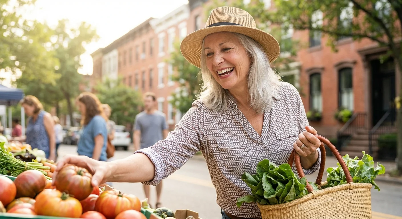 A senior woman shopping at a sunny farmers market, illustrating low everyday living costs.