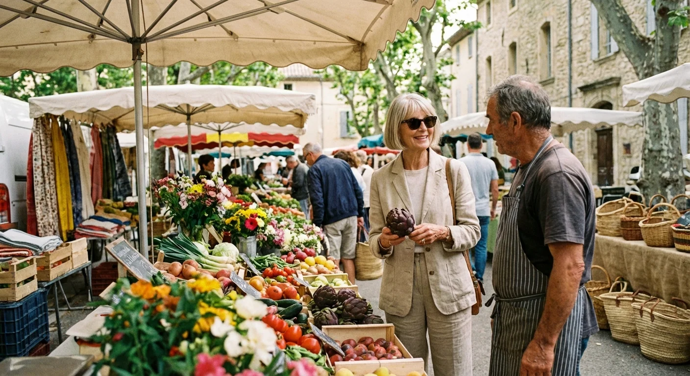 A senior woman shops at a local European market, illustrating the slow travel philosophy of living like a local.