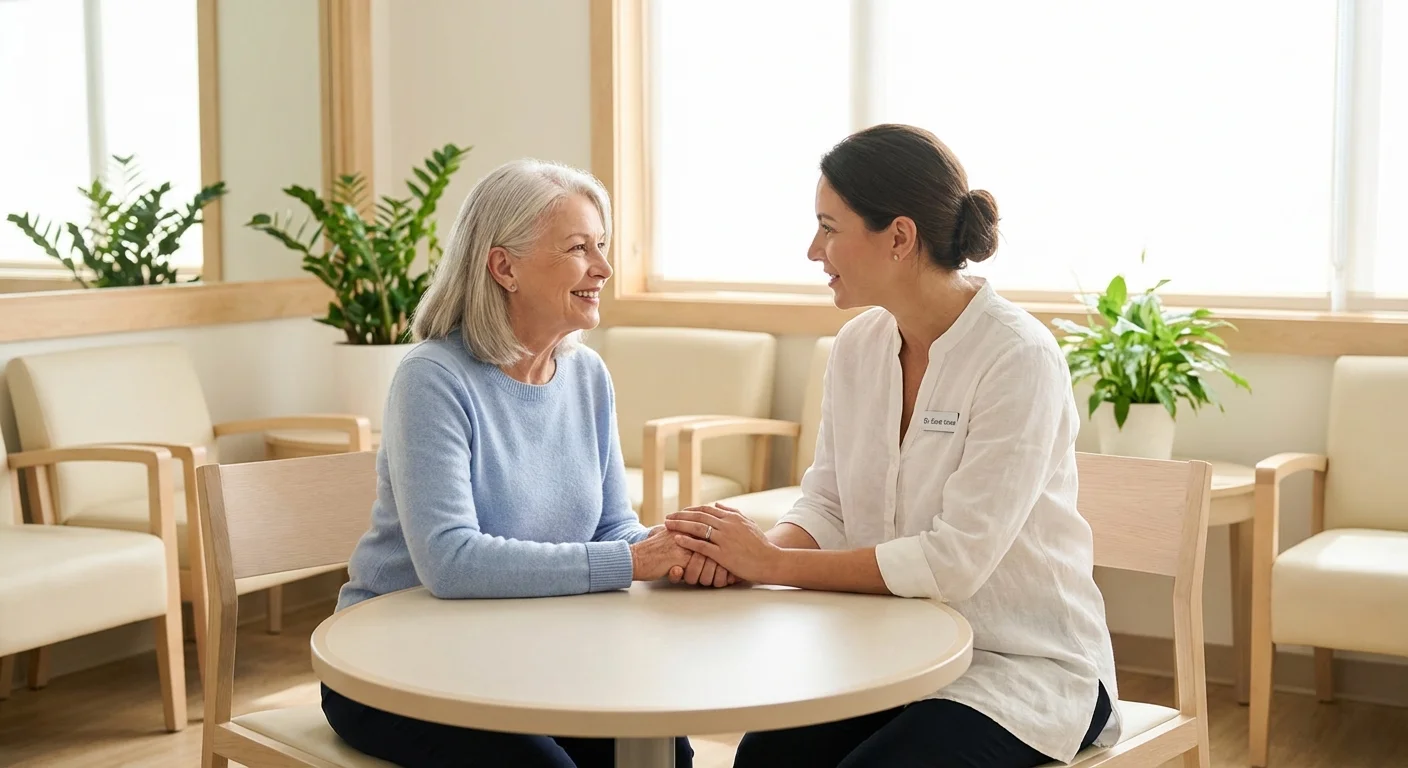 A senior woman talking with a professional in a bright, modern healthcare setting.
