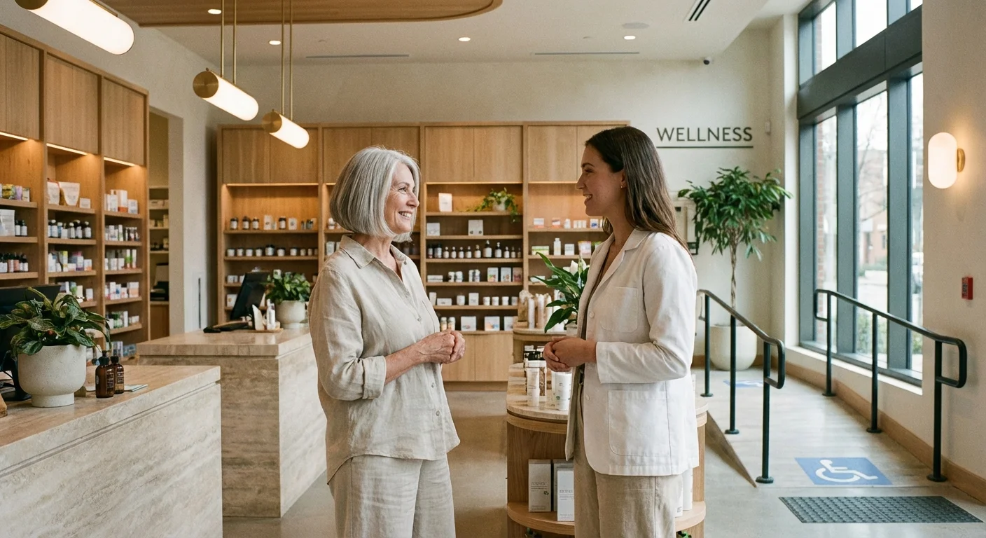 A senior woman talking with a professional pharmacist in a modern, well-lit pharmacy.