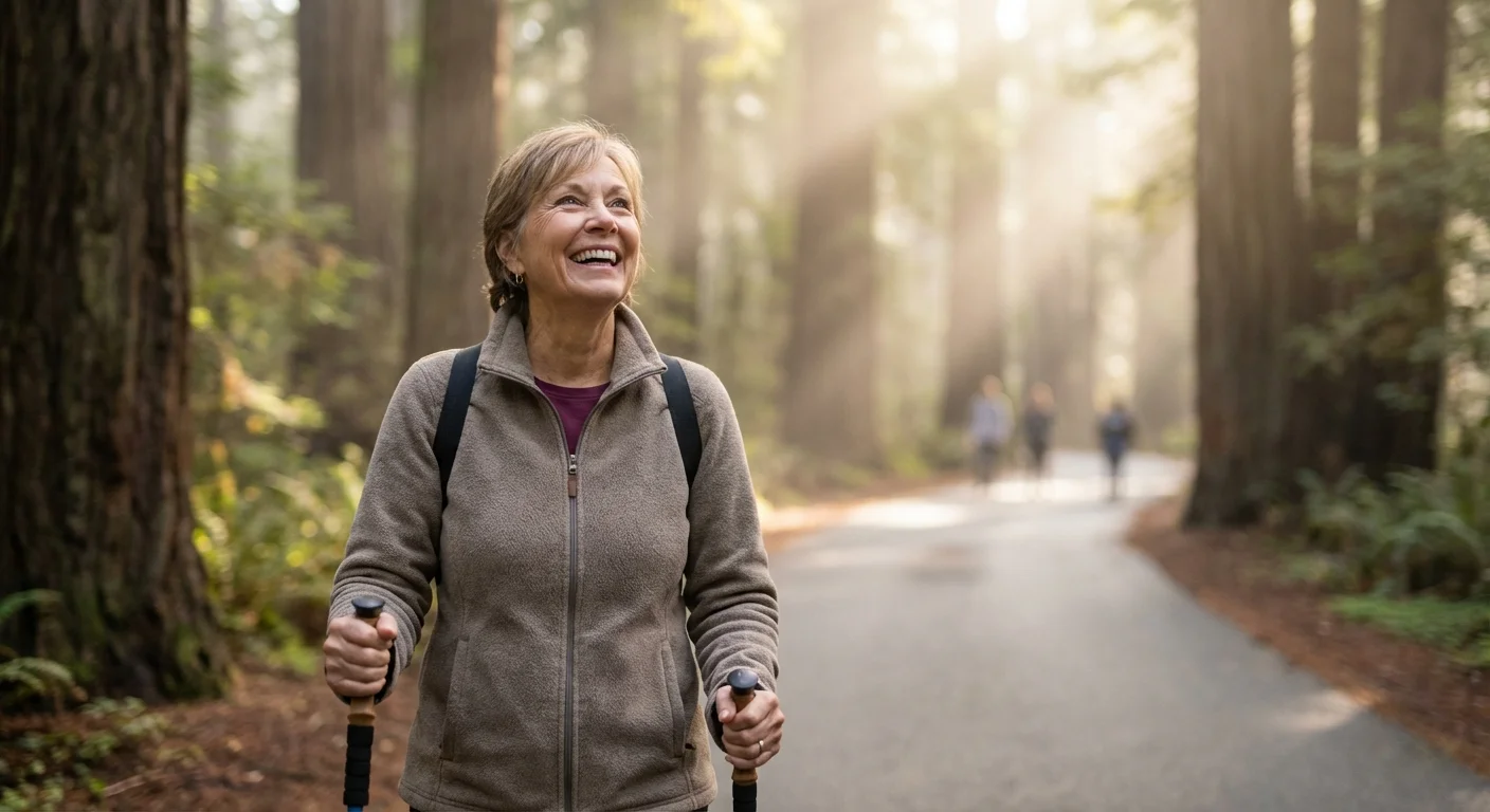 A senior woman walking a paved trail through a redwood forest.