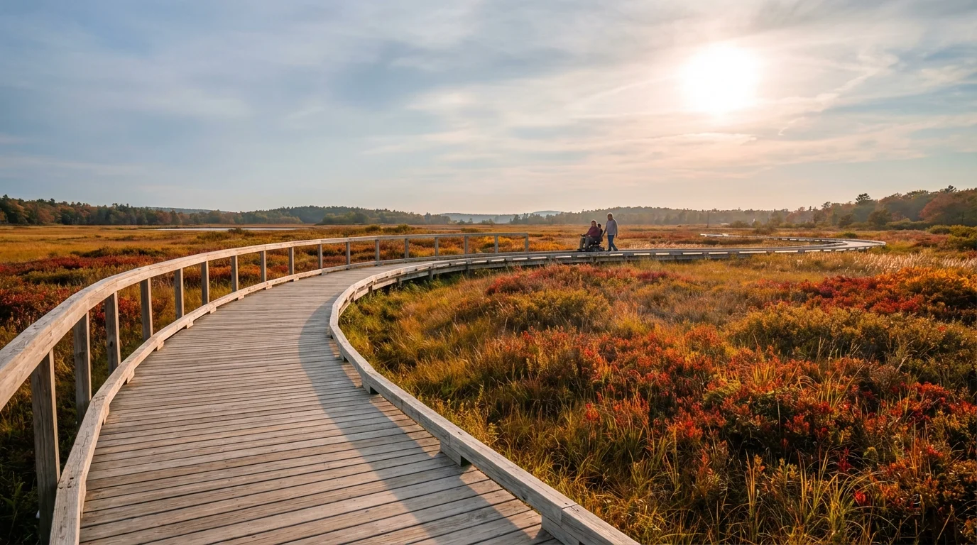 A smooth wooden boardwalk path through a scenic national park marsh.