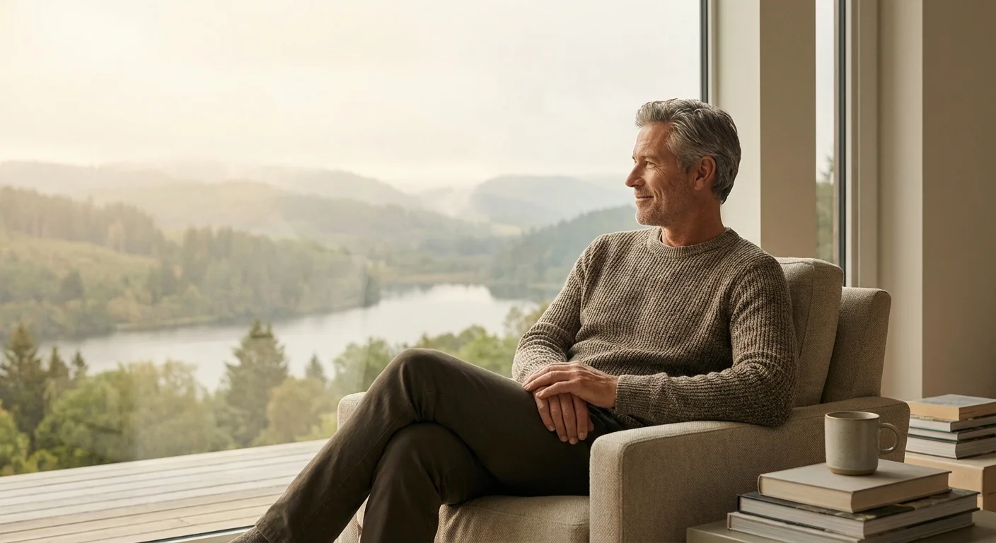A thoughtful retiree looking out a window, representing careful planning to avoid financial traps.