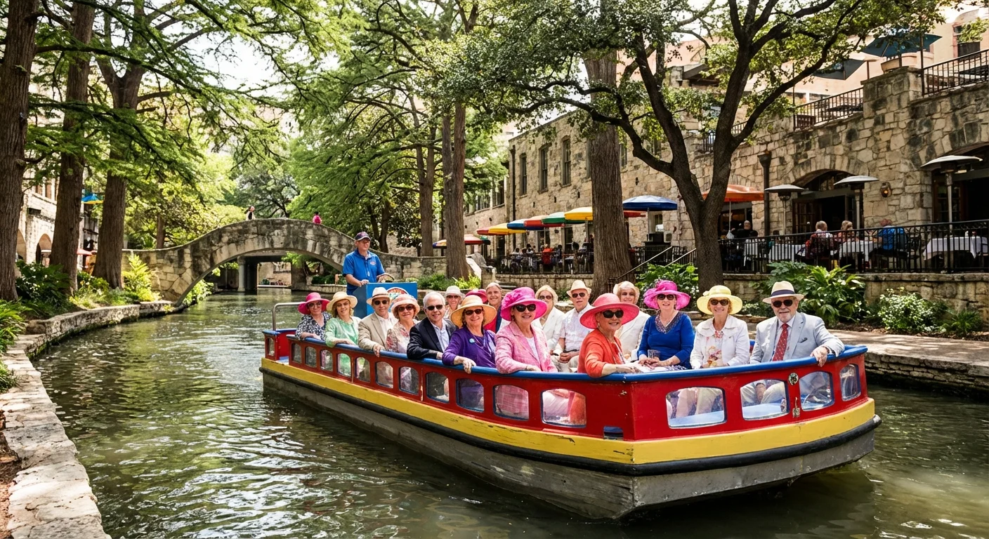 A tour boat carrying passengers along the scenic San Antonio Riverwalk.
