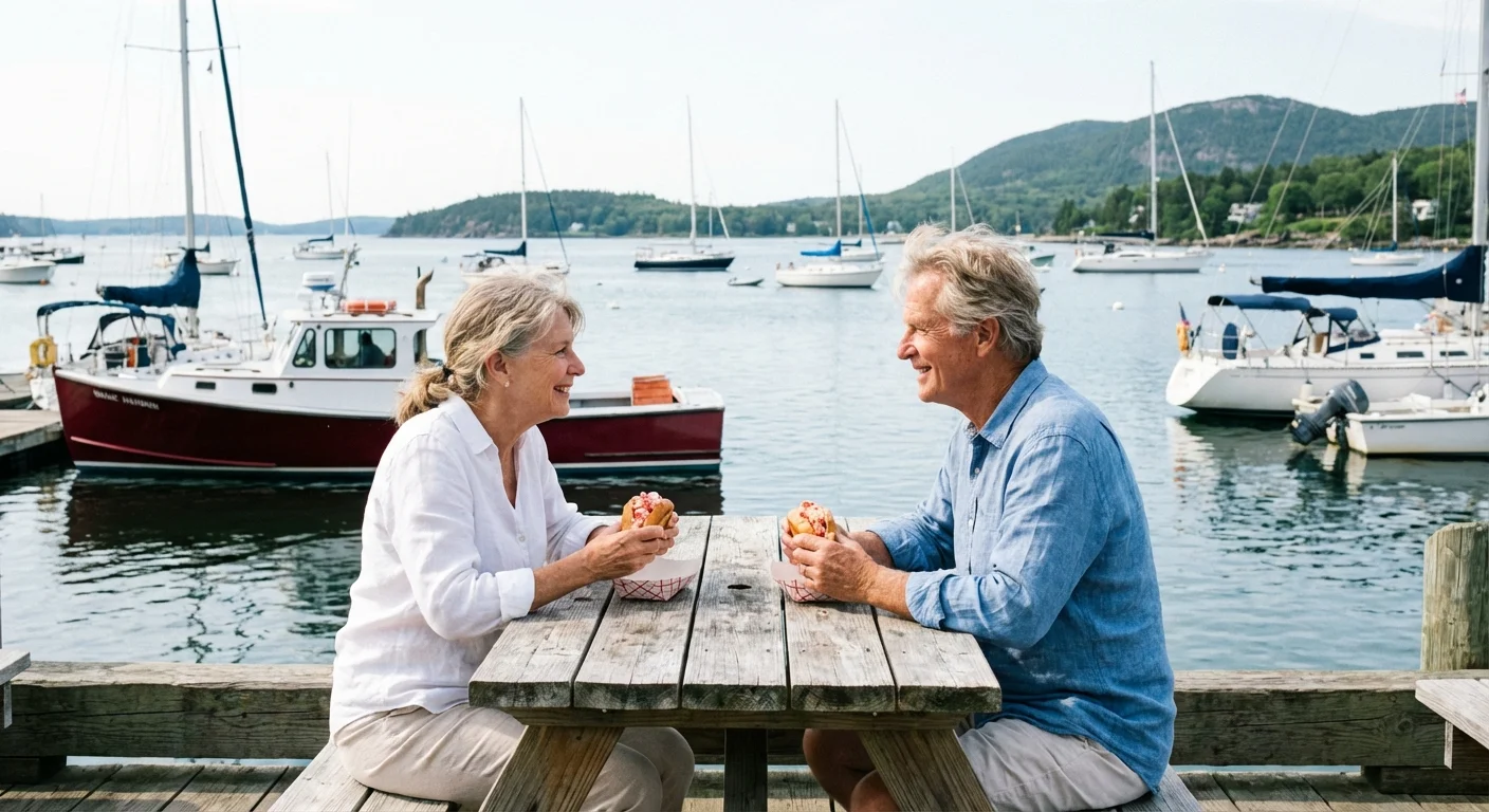 A waterfront dining scene in Bar Harbor with sailboats in the background.
