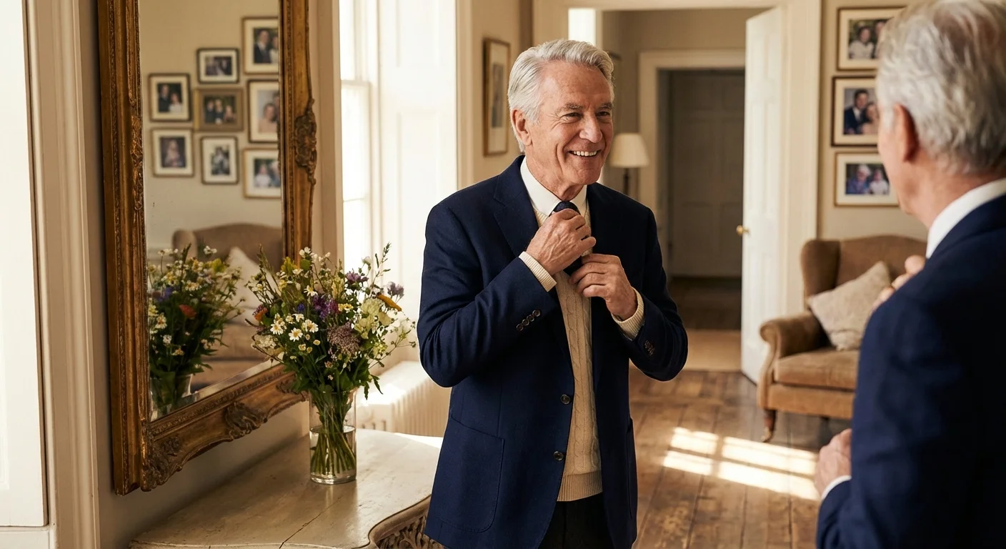 A well-dressed senior man preparing for a social outing, symbolizing confidence in later-life dating.