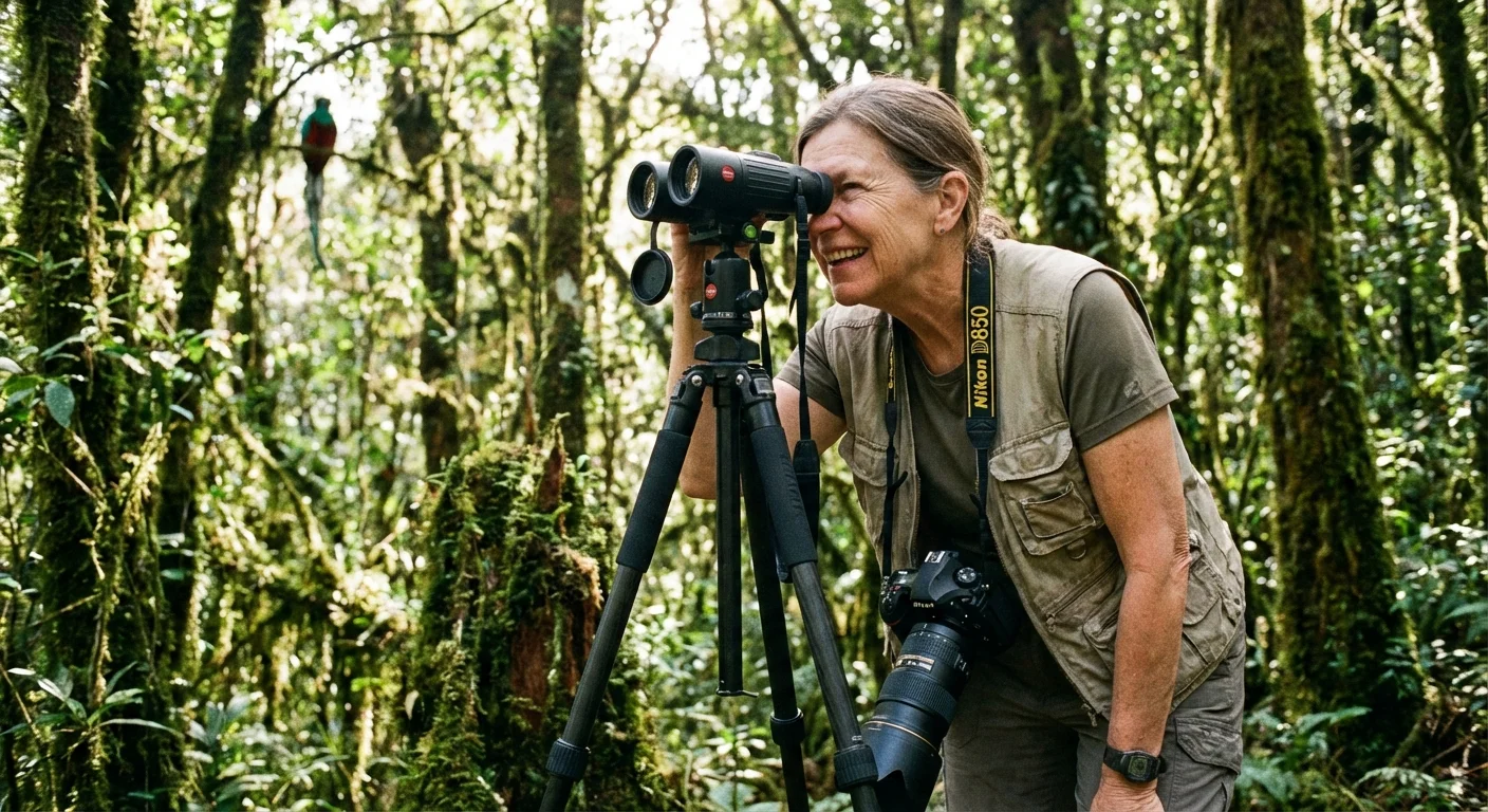 A woman birdwatching in a forest with binoculars and a camera.