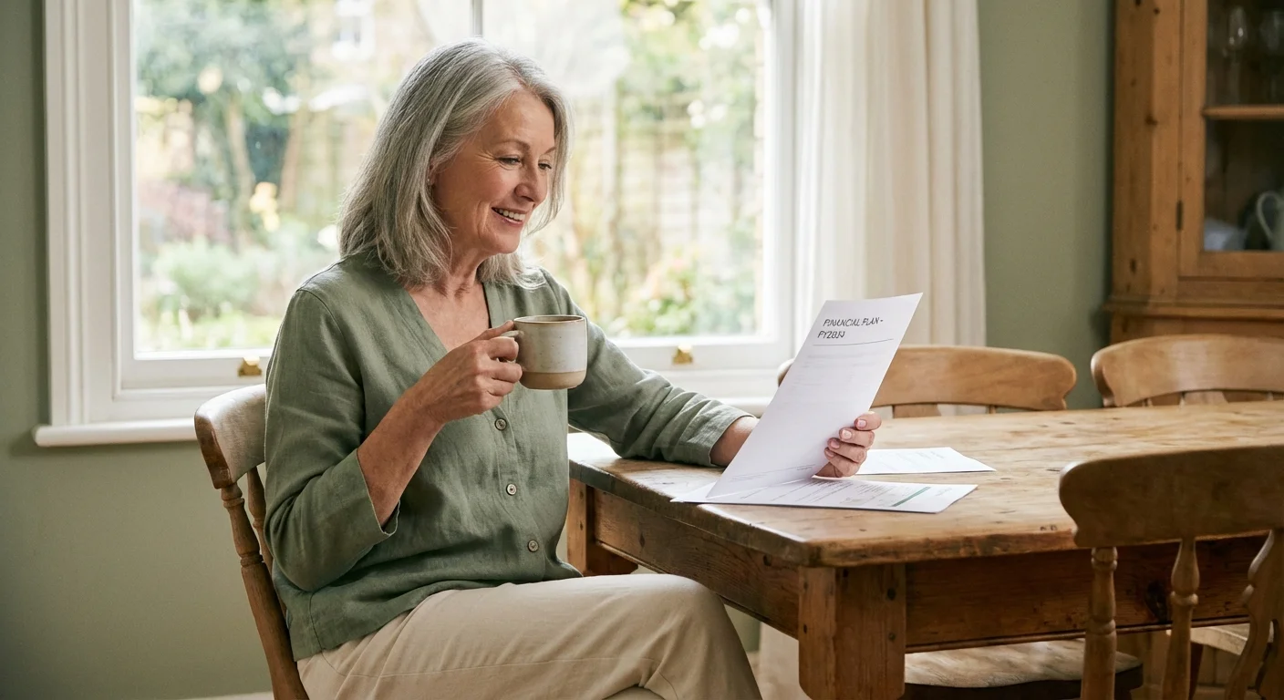 A woman calmly reviewing financial documents at a sunlit table.