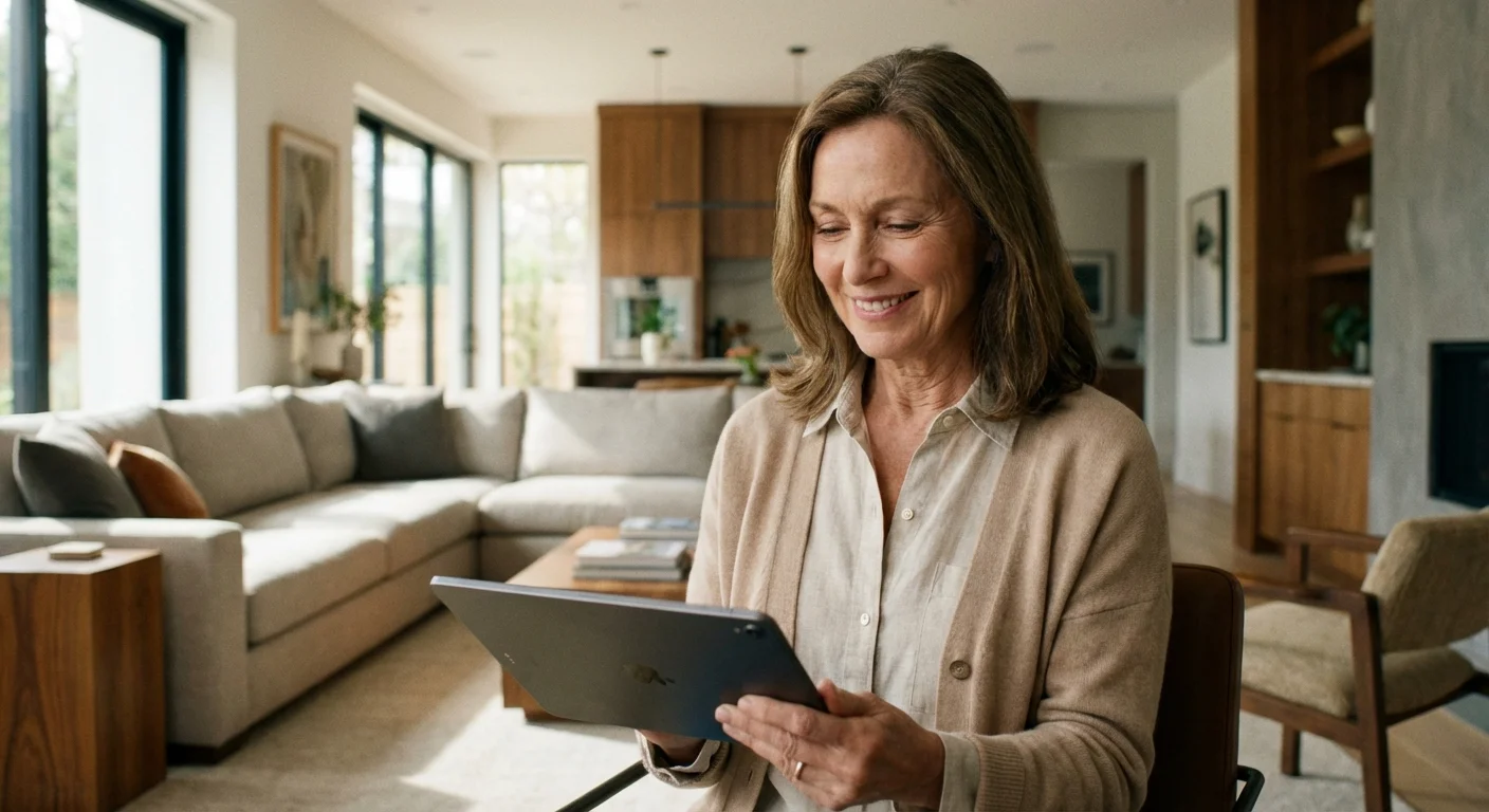 A woman calmly using a tablet in a bright living room to research healthcare options.