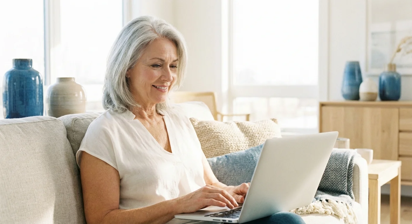 A woman confidently browsing health insurance options on her laptop at home.