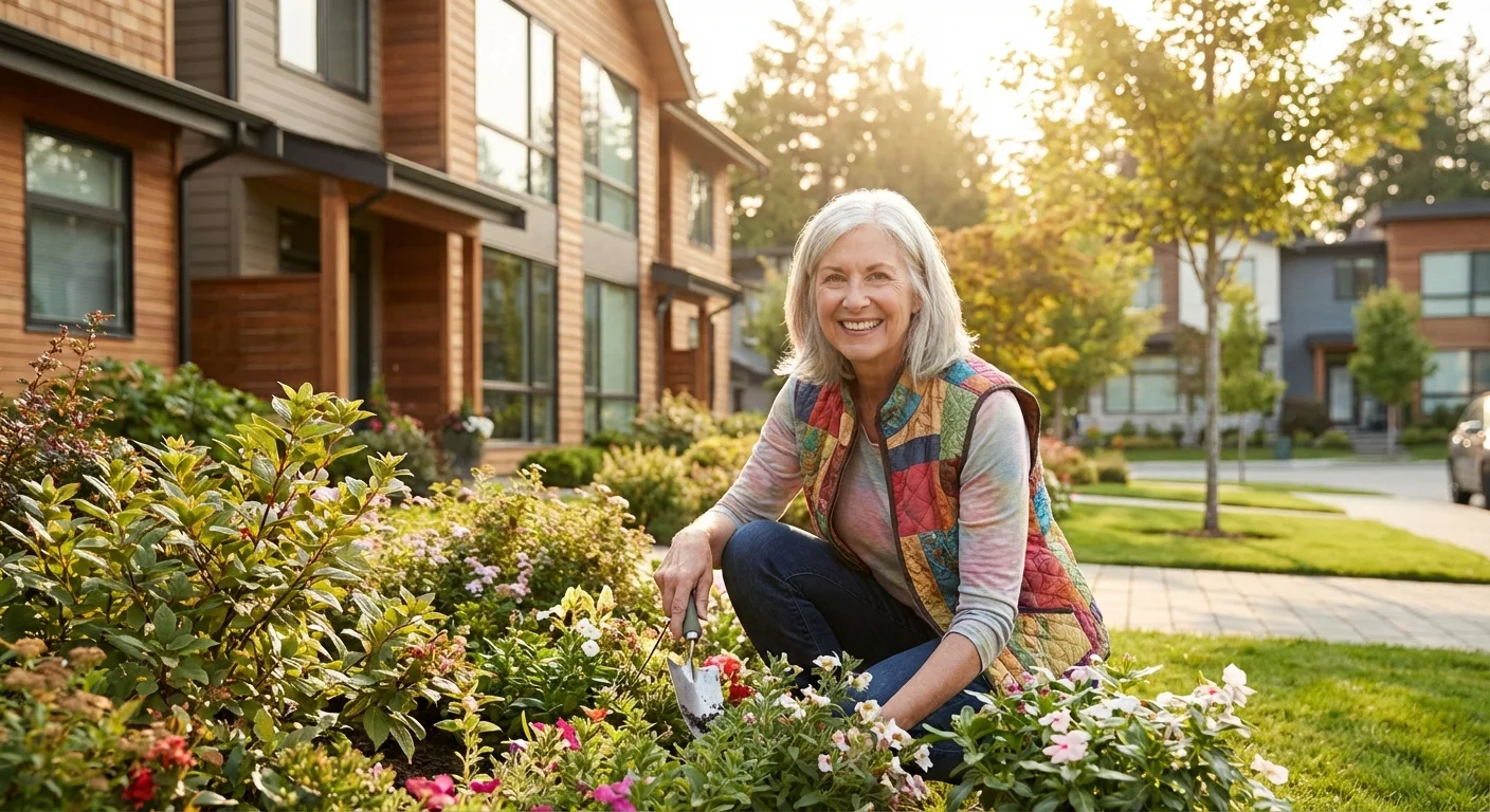 A woman gardening in front of her stylish townhouse in a 55+ community.