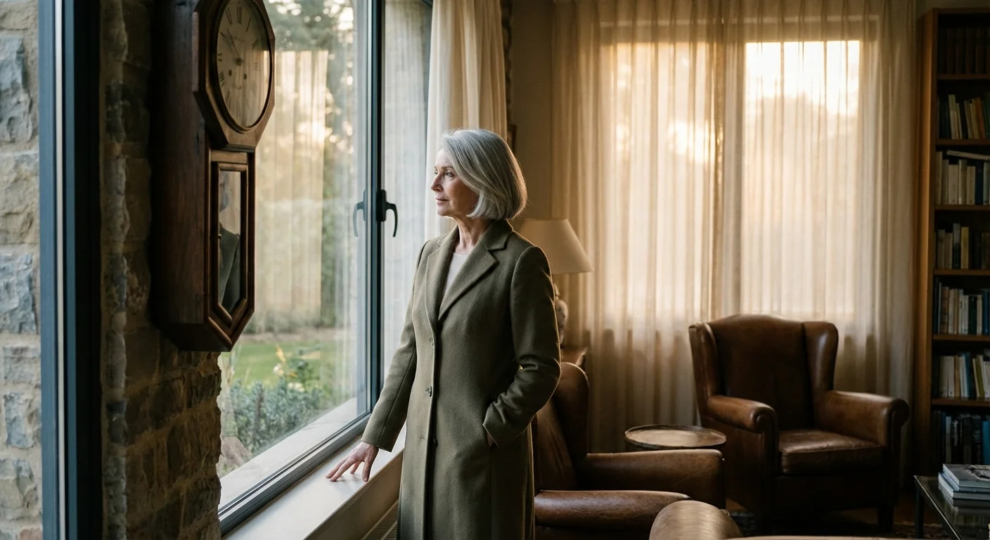 A woman looking thoughtfully at a clock, representing the decision of when to claim benefits.