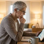 A woman looking thoughtfully at a screen, representing a retiree carefully avoiding common financial pitfalls.
