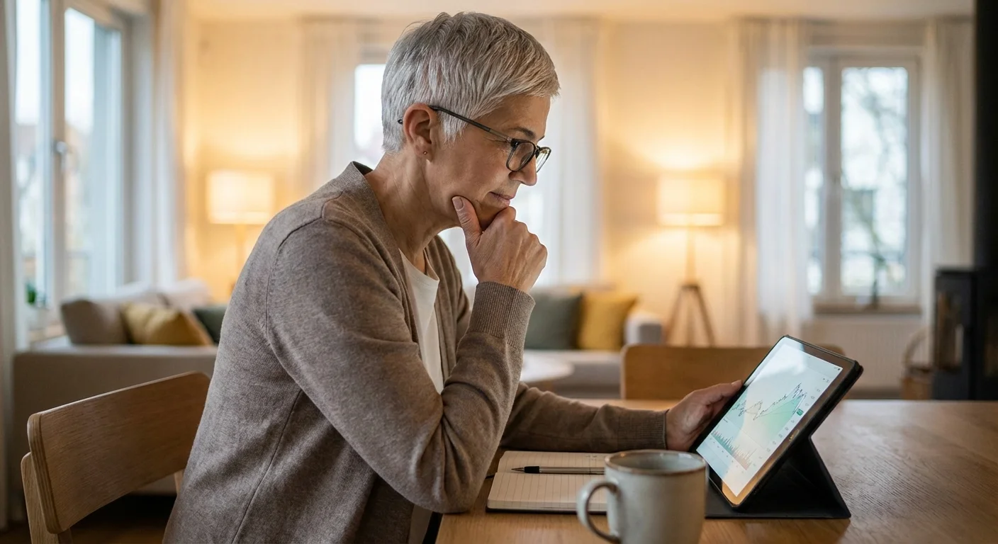 A woman looking thoughtfully at a screen, representing a retiree carefully avoiding common financial pitfalls.