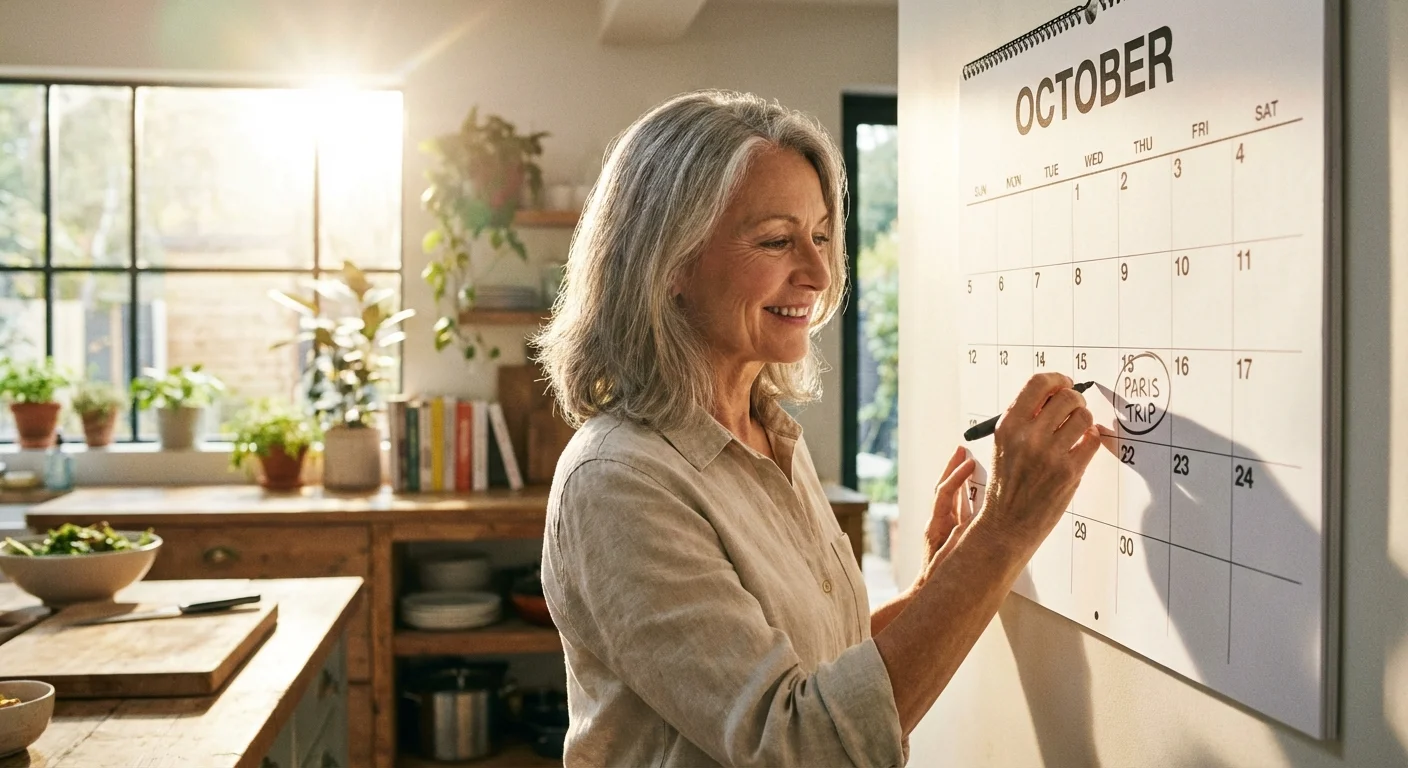 A woman marking an important date on a wall calendar in a sunlit kitchen.