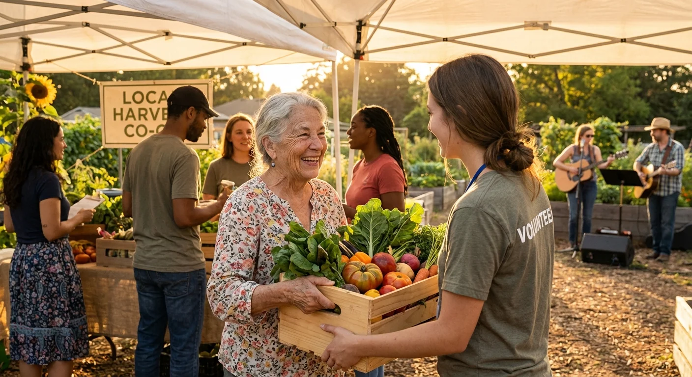 A woman receiving a box of fresh produce at a community garden.