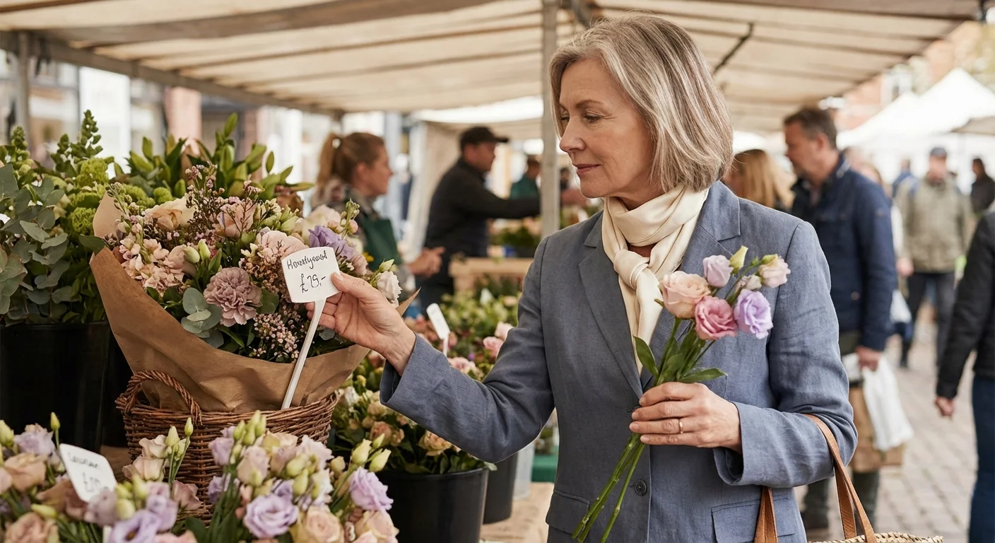 A woman shopping for flowers, representing intentional retirement spending.