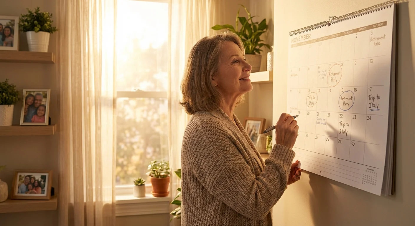 A woman smiling while looking at a calendar, representing the importance of timing and reaching retirement milestones.